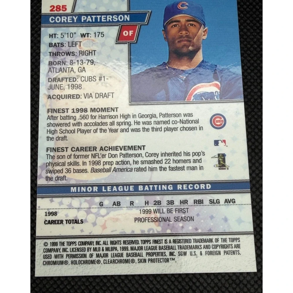 1999 Topps Finest Corey Patterson Rookie Card 285 Chicago Cubs MLB Baseball Card - Picture 2 of 4